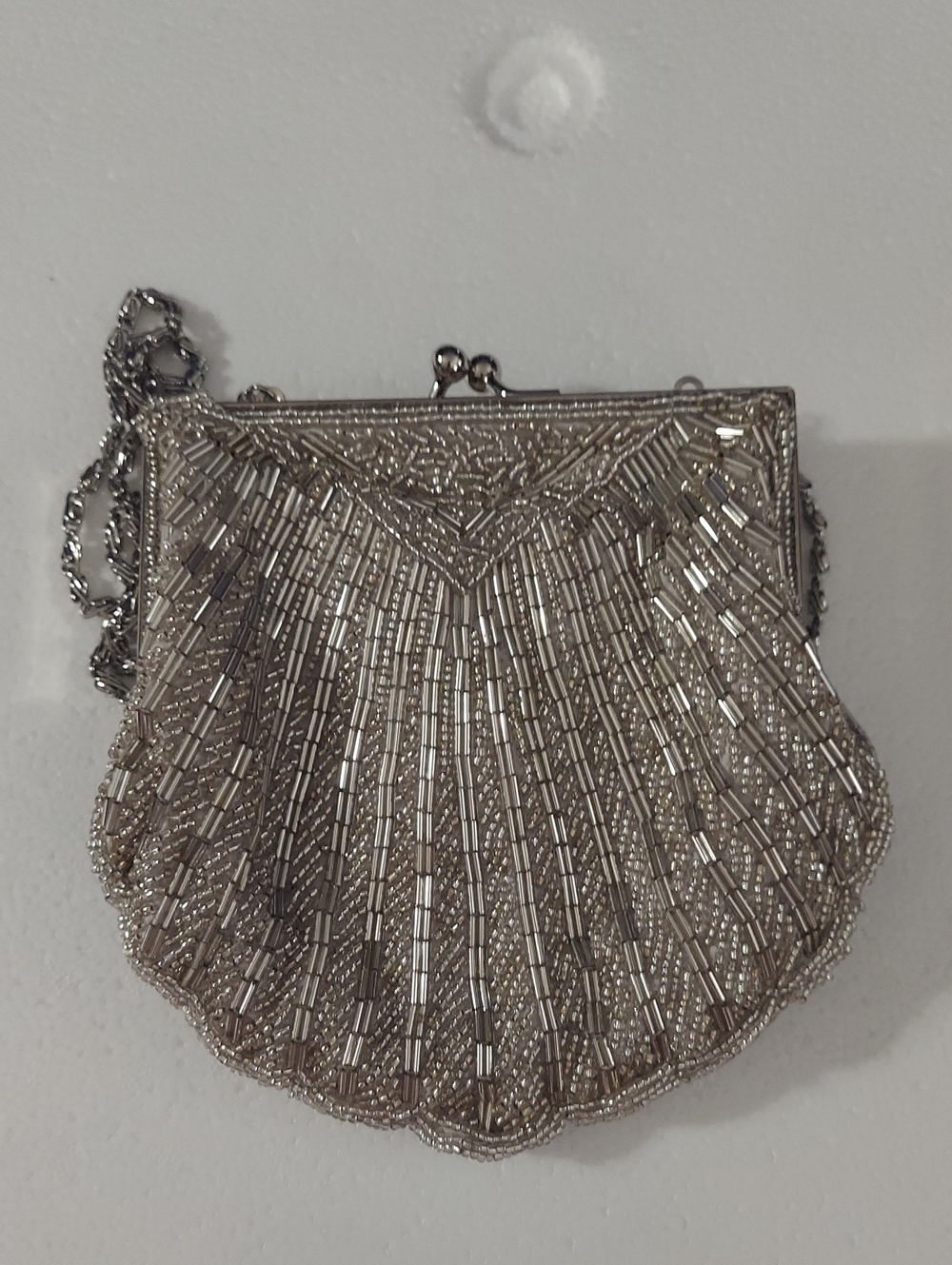 Beaded Shell Clutch in Silver - Elegant Evening Bag